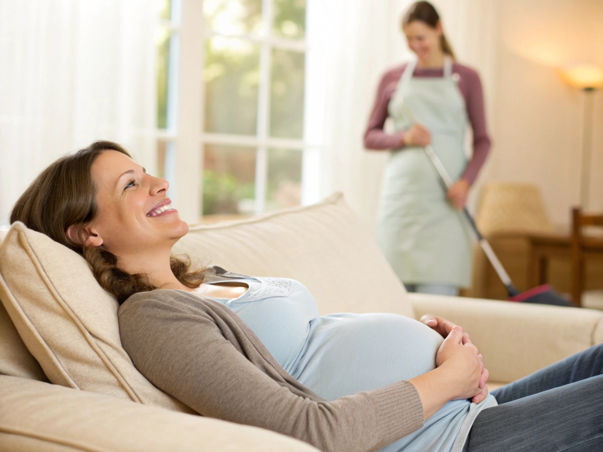 Elegantes Wohnzimmer in Düsseldorf, eine Alltagsfee putzt Fenster.